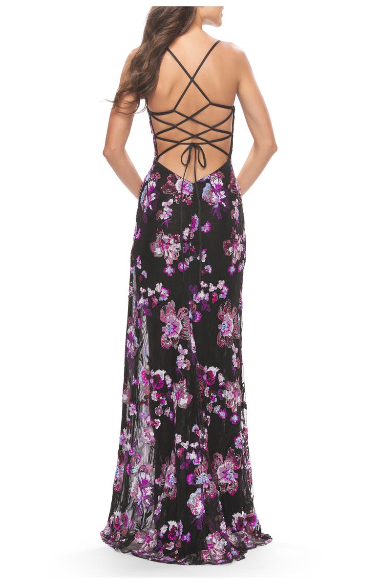 La Femme Floral Print Sequin Lace Dress with High Slit, Alternate, color, Black