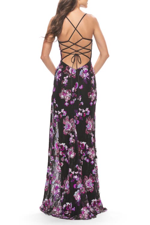 La Femme Floral Print Sequin Lace Dress With High Slit In Black