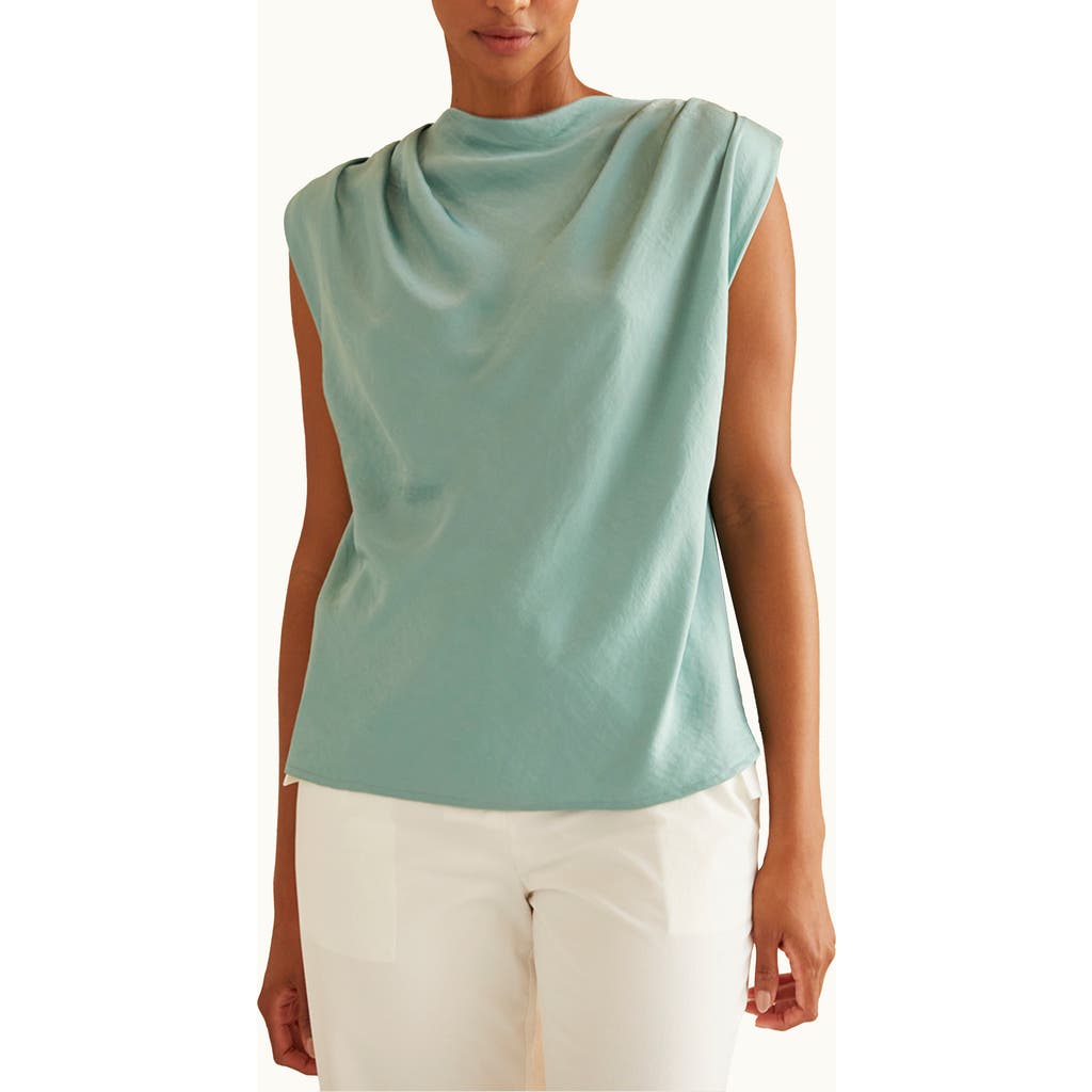 Crescent Cowl Neck Crushed Satin Top In Green