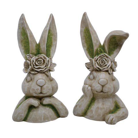 Resin Mossy Bunny Bust Set of 2 Multicolored for Spring Home Decor