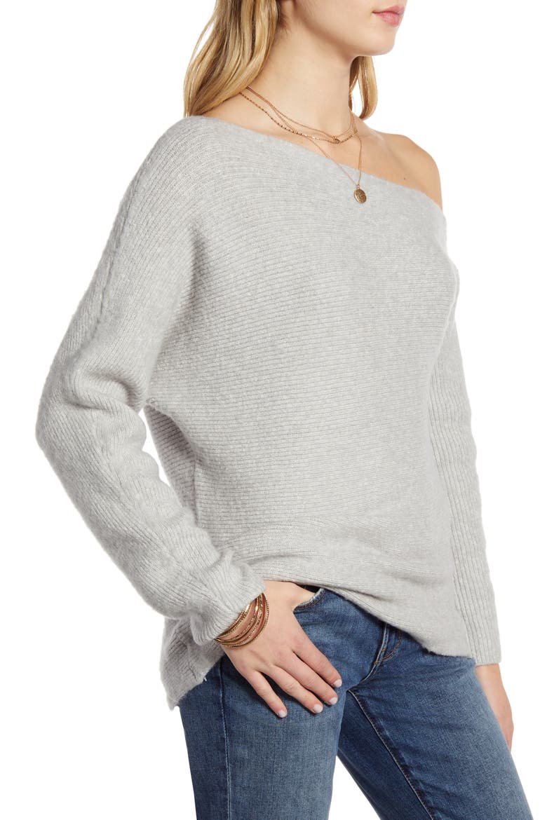 One-Shoulder Ribbed Sweater, Alternate, color, GREY LIGHT HEATHER