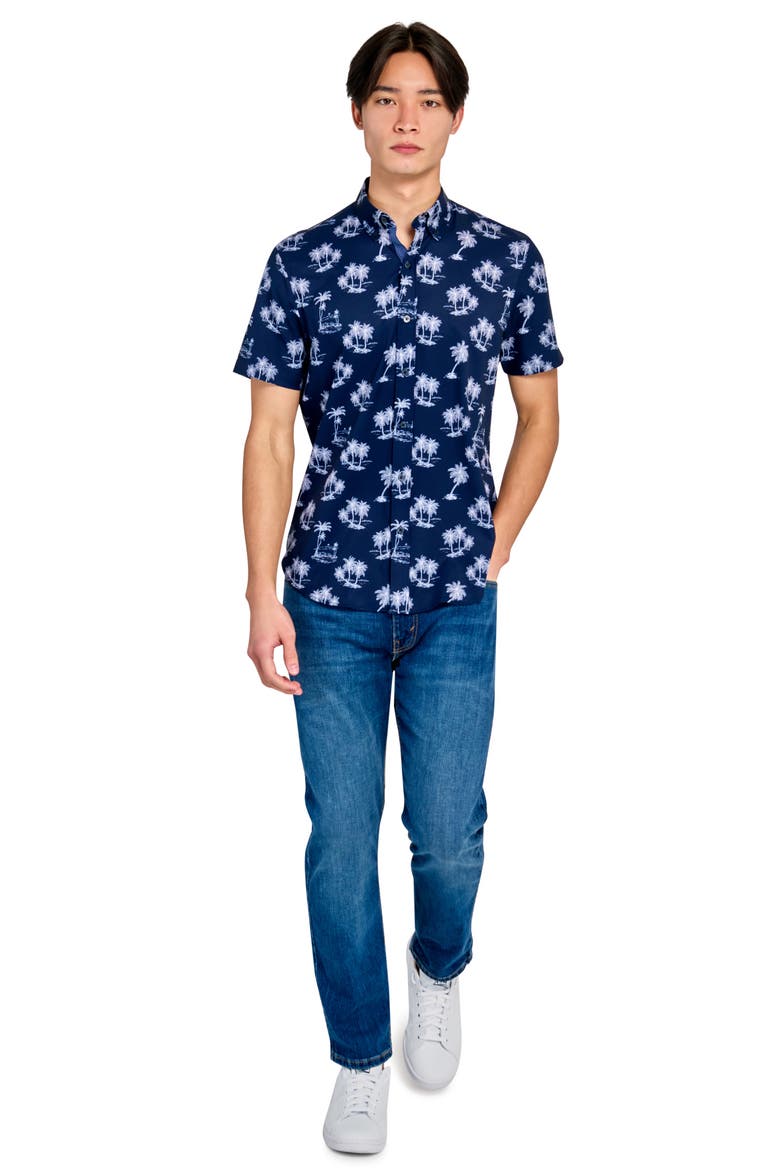 Slim Fit 4-Way Stretch Short Sleeve Button-Up Shirt, Alternate, color, NAVY