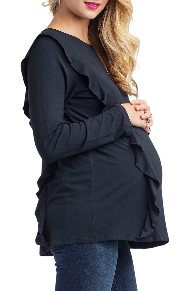 Fiona Ruffle Trim Maternity/Nursing Top, Alternate, color, BLACK