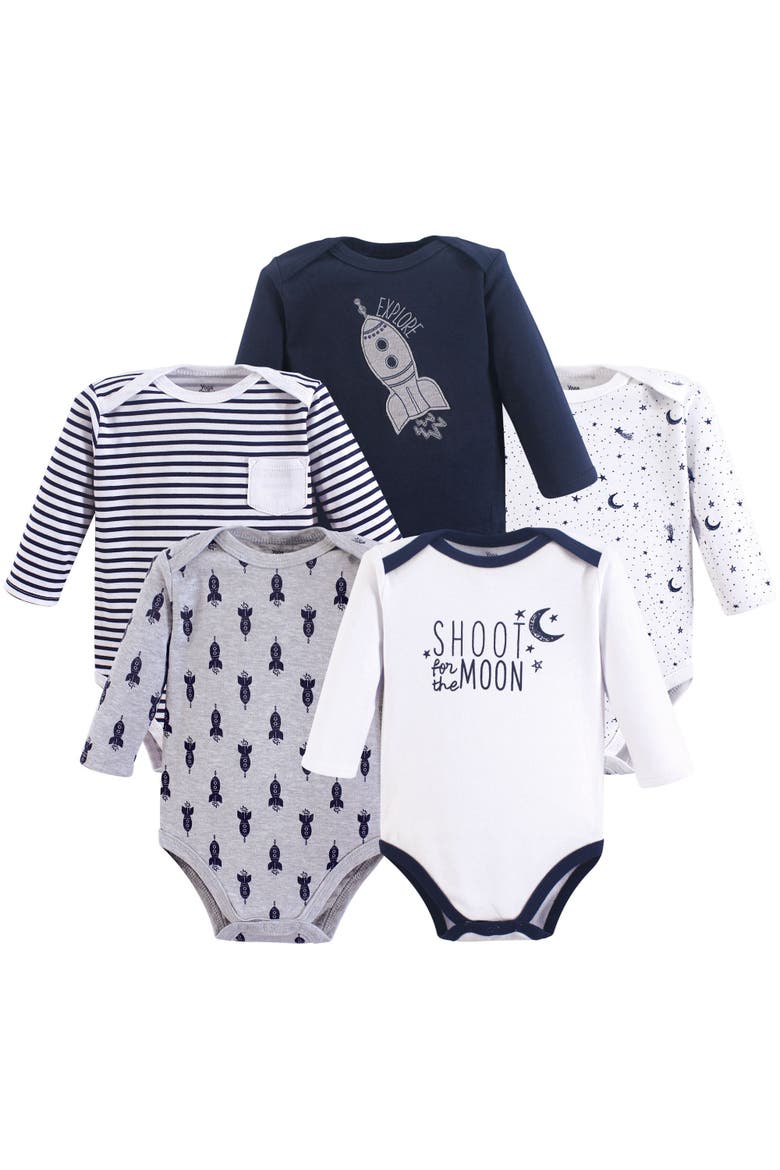 Five-Piece Set of Infant Long-Sleeve Bodysuits, Main, color, Moon