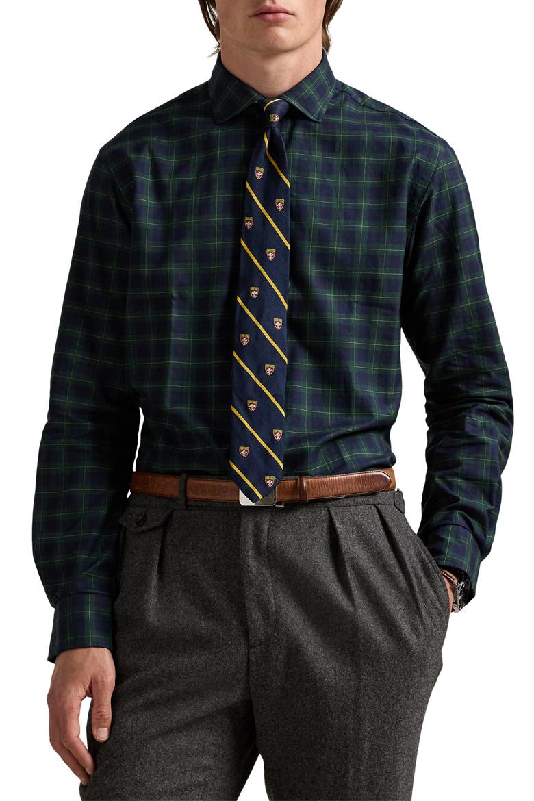Classic Fit Plaid Cotton Twill Button-Up Shirt, Main, color, NAVY GREEN MULTI