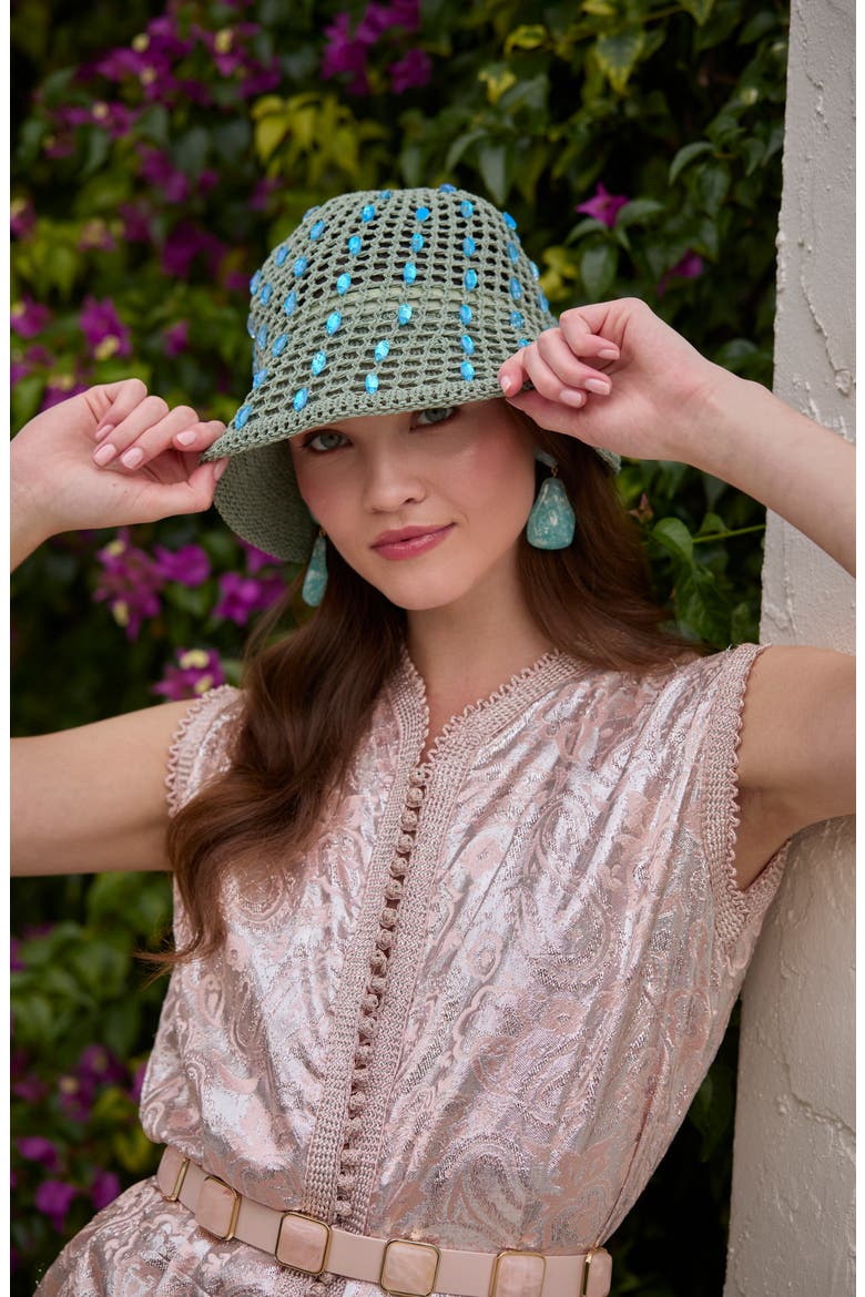 Maya Open Weave Crystal Embellished Bucket Hat, Alternate, color, HIGH TIDE