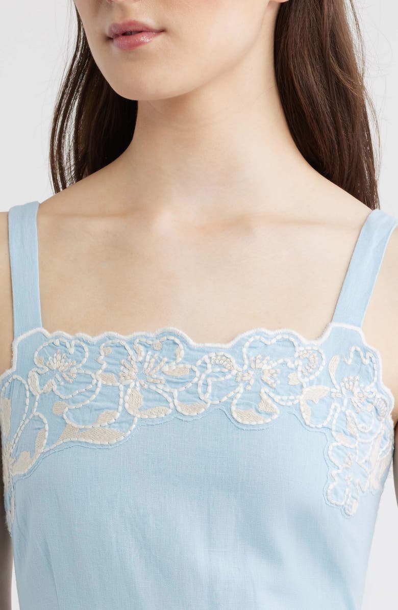 Cleobella Placed Floral Embroidery Cotton & Linen Chambray Sundress, Alternate, color, Glacier Lake