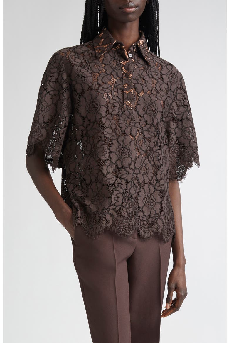 Floral Lace Button-Up Shirt, Main, color, CHOCOLATE