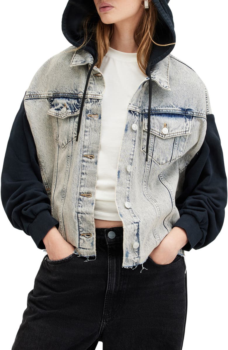 AllSaints Milena Mixed Media Hooded Denim Jacket, Alternate, color, Indigo Blue
