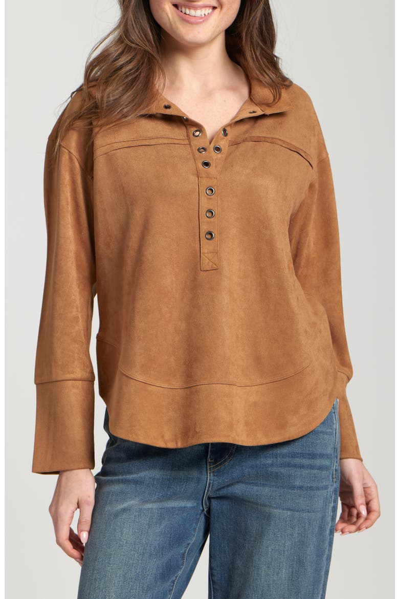 Faux Leather Henley Top, Main, color, CARAMEL