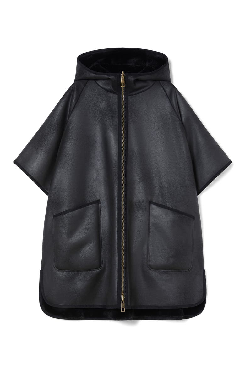 Gel Reversible Faux Fur Hooded Cape, Alternate, color, BLACK