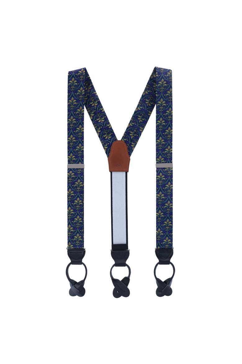 The French Quarter Fleur-de-Lis Silk Novelty Button End Suspenders, Alternate, color, Purple, Yellow, and Green