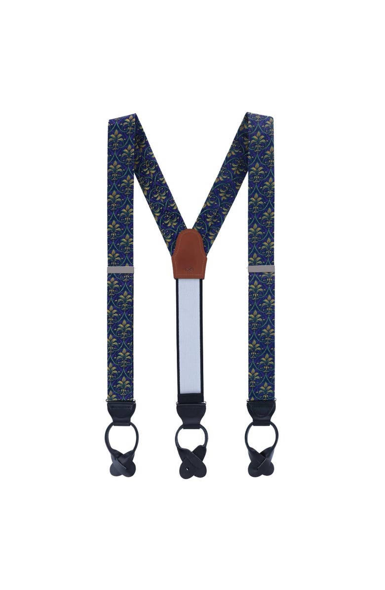 Trafalgar The French Quarter Fleur-de-Lis Silk Novelty Button End Suspenders, Alternate, color, Purple, Yellow, And Green