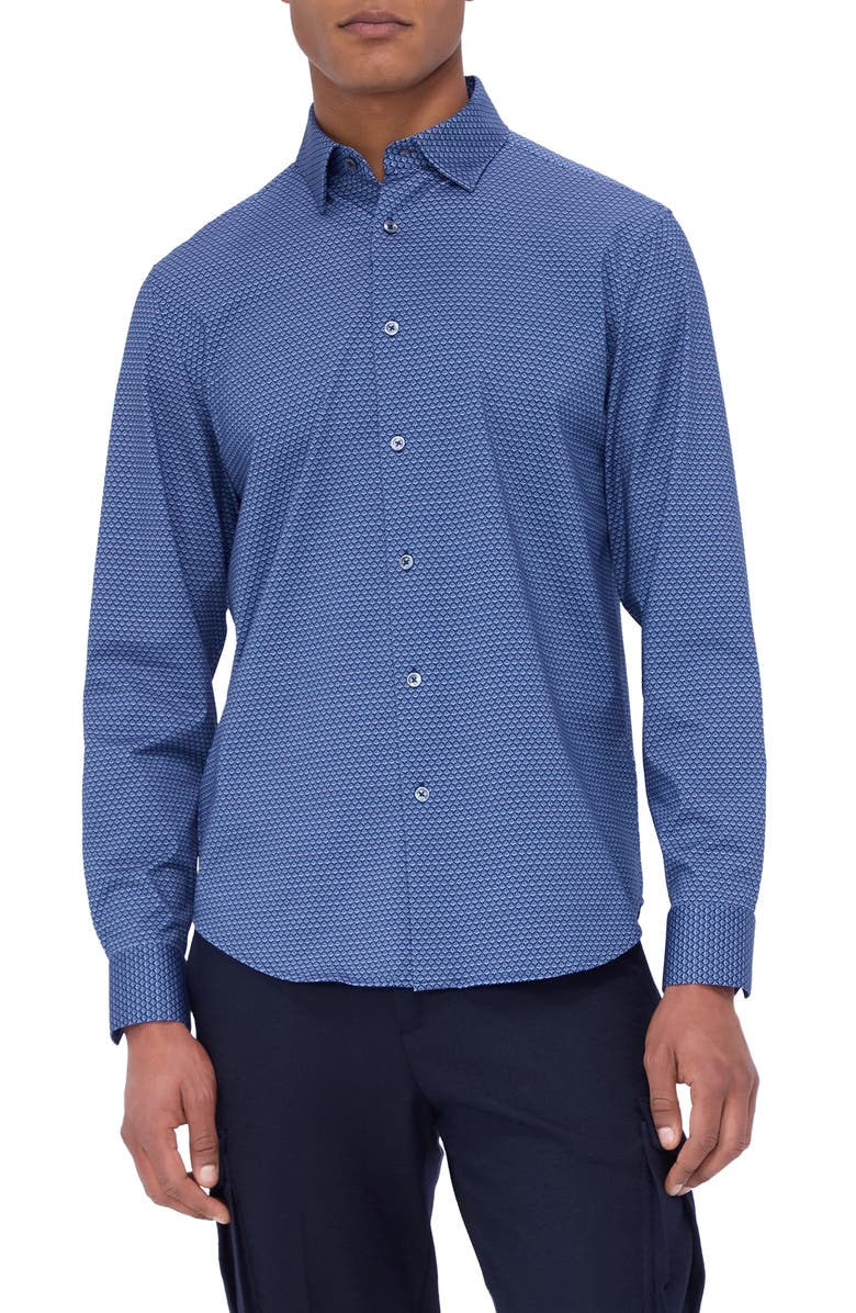 Bugatchi Jules OoohCotton<sup>®</sup> Abstract Print Button-Up Shirt, Main, color, Night Blue