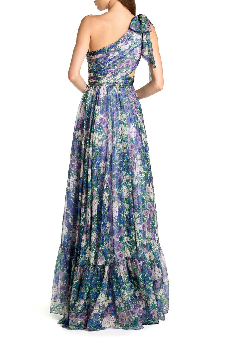 Floral One-Shoulder Cutout Chiffon Evening Gown, Alternate, color, Lilac Multi