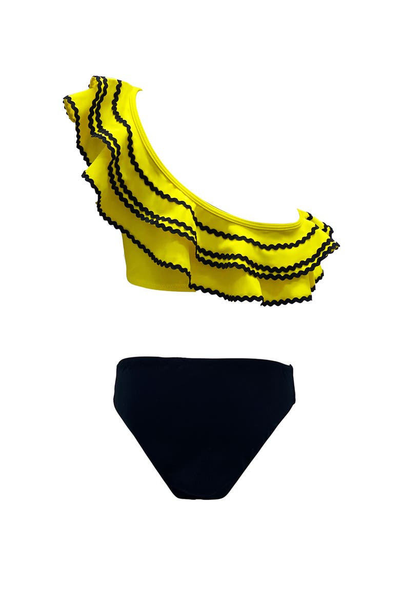 NESSI BYRD Ruffle Ric-Rac Trim One-Shoulder Two Piece Bikini, Toddler-Little Kid & Big Kid, Alternate, color, Yellow-Black