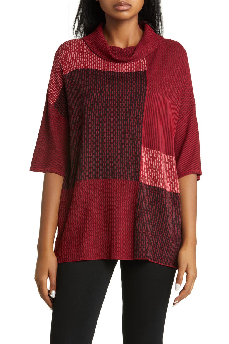 Colorblock Cowl Neck Knit Blouse, Main, color, CHERRY RED/ JAVA/ BLACK