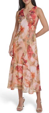 Calvin Klein Floral Sleeveless Chiffon Maxi Dress