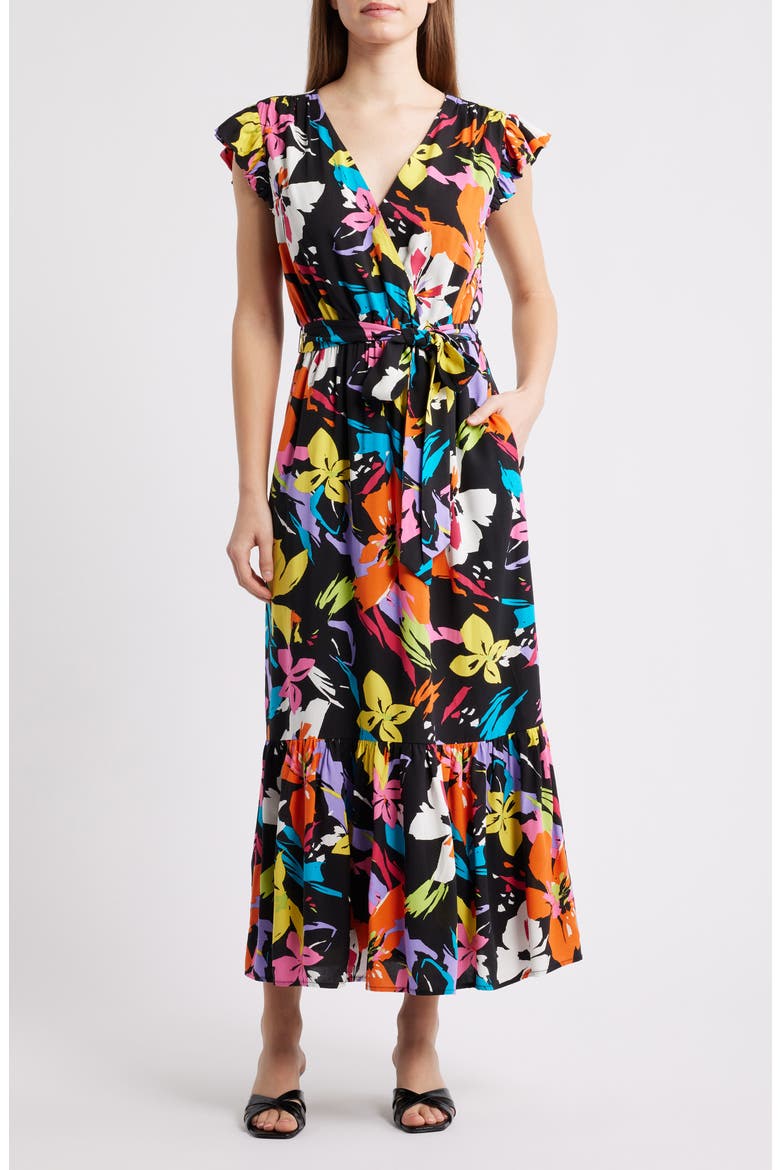 Bright Flower Tie Waist Maxi Dress, Main, color, BLACK MULTI