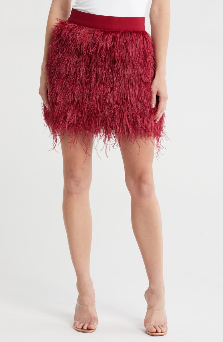 Alice + Olivia Cina Ostrich Feather Miniskirt, Main, color, Bordeaux
