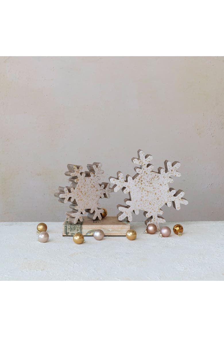 Enameled Mango Wood Snowflake with Gold Splatter, Cream & Gold, Alternate, color, Gold & Cream