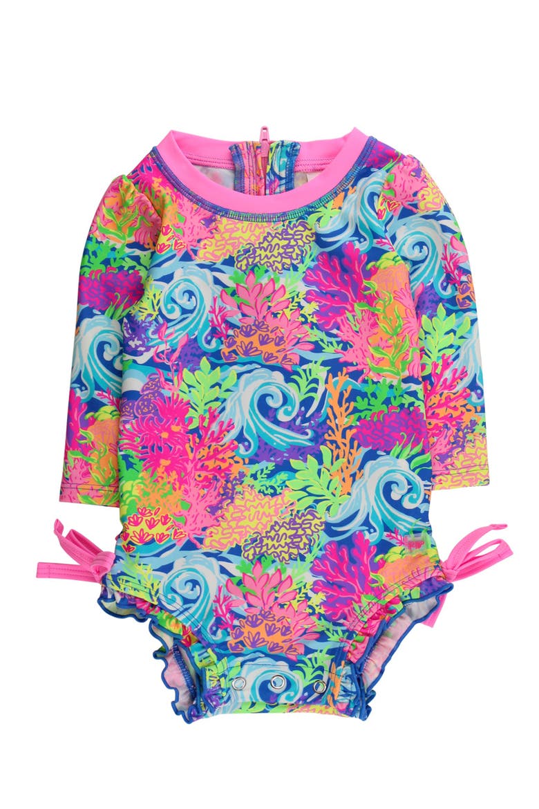 UPF50+ Sun Protected Neon Long Sleeve One Piece Rash Guard Swimsuit, with Signature Rear Ruffles, Main, color, Neon Ocean Coral