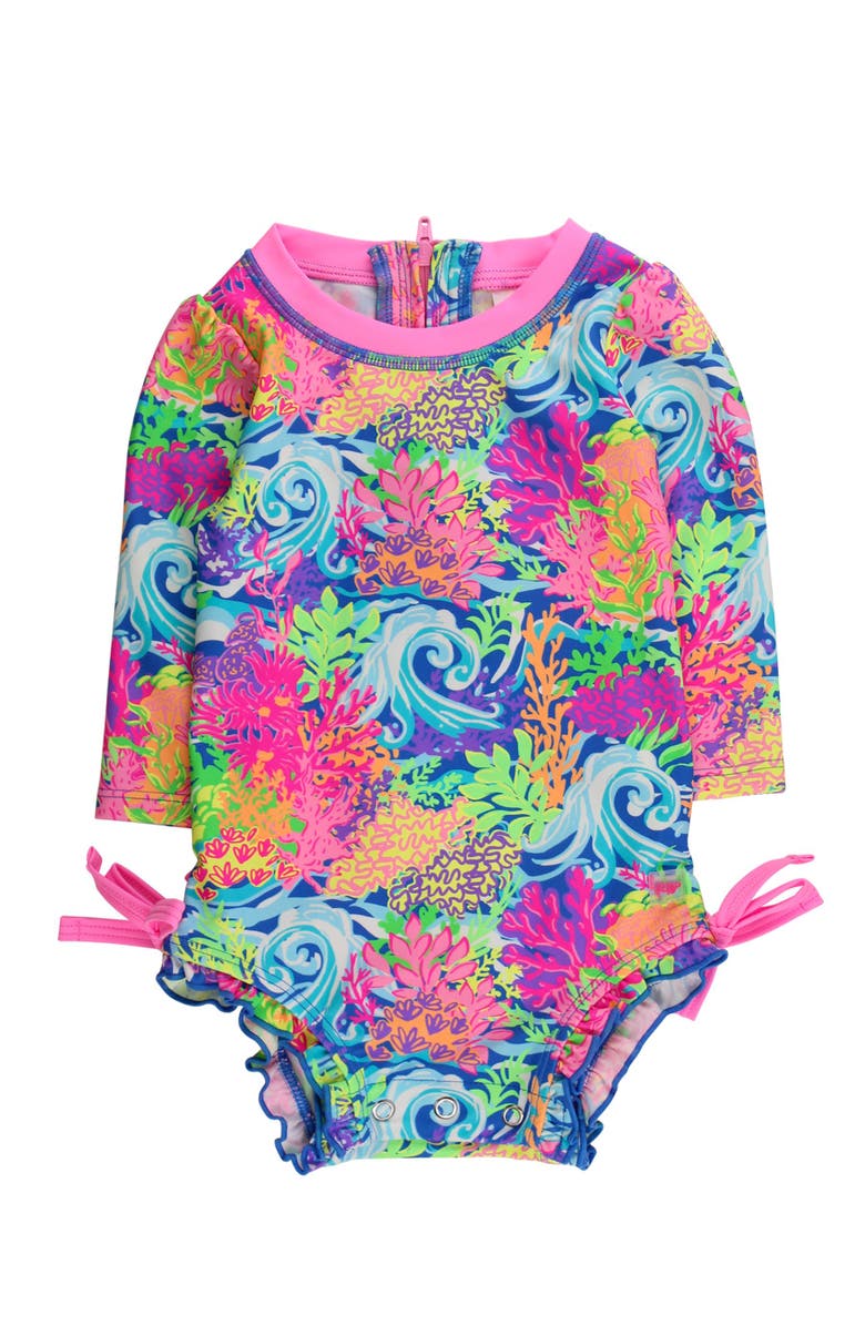 RuffleButts UPF50+ Sun Protected Neon Long Sleeve One Piece Rash Guard Swimsuit, with Signature Rear Ruffles, Main, color, Neon Ocean Coral