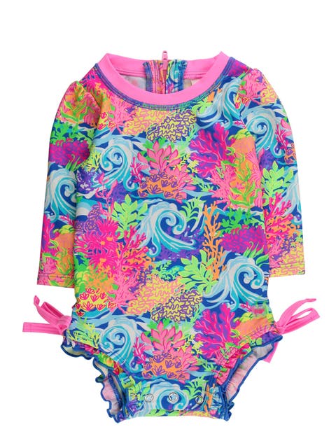 UPF50+ Sun Protected Neon Long Sleeve One Piece Rash Guard Swimsuit, with Signature Rear Ruffles