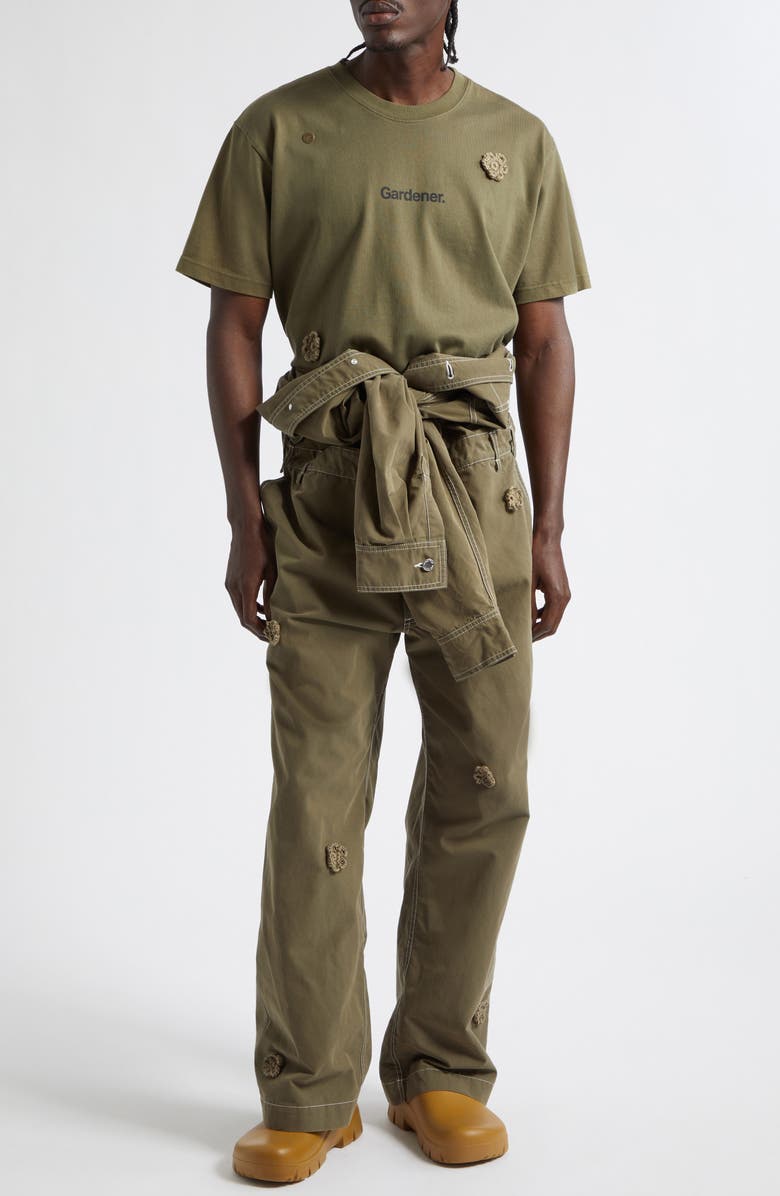 SONG FOR THE MUTE x Birkenstock The Gardener Crochet Flower Long Sleeve Drill Jumpsuit, Alternate, color, Army Green