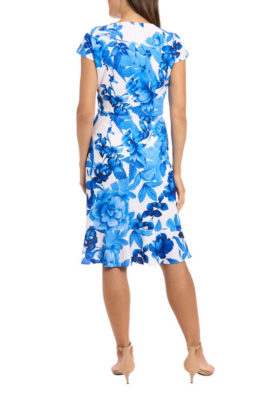 London Times Petite Floral Flutter-sleeve Ruffle Dress In Blue