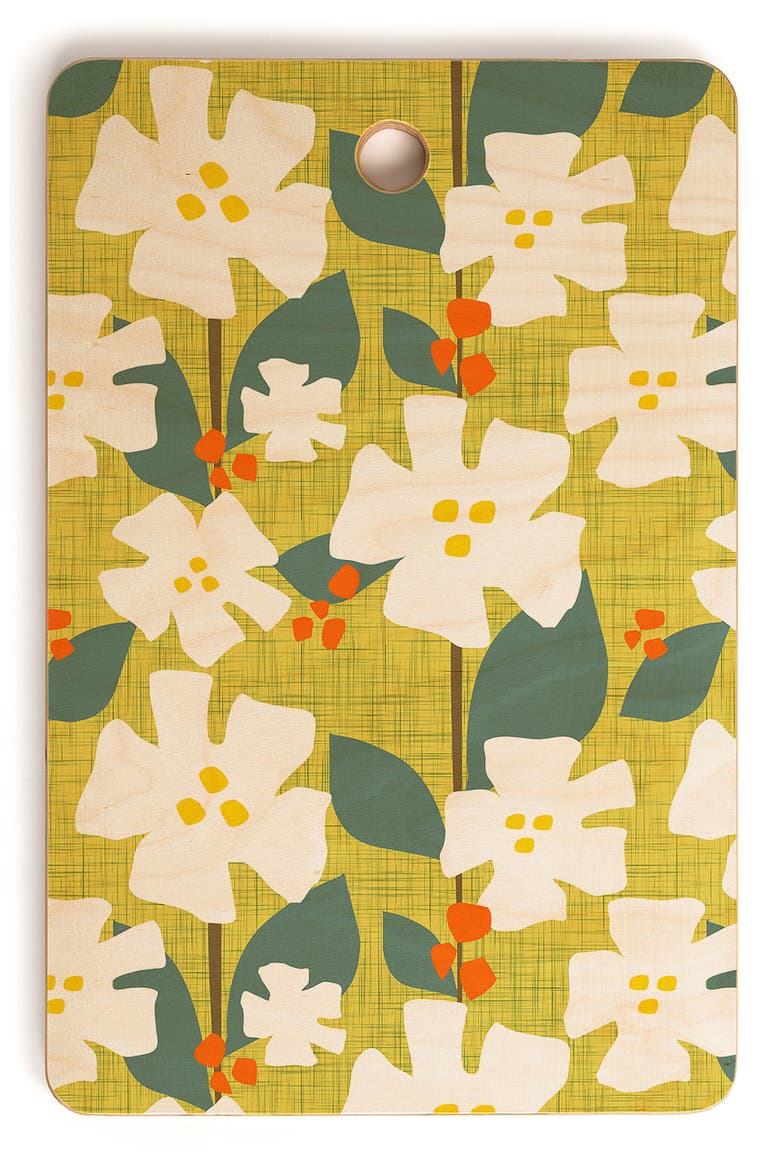 White Flowers and Red Berries by Mirimo Cutting Board, Main, color, MULTI