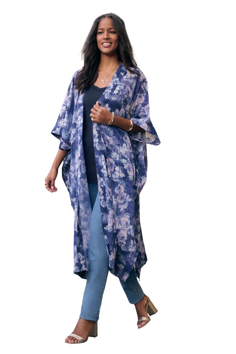 Plus Size Flowy Chiffon Duster, Main, color, NAVY SPRAY FLORAL