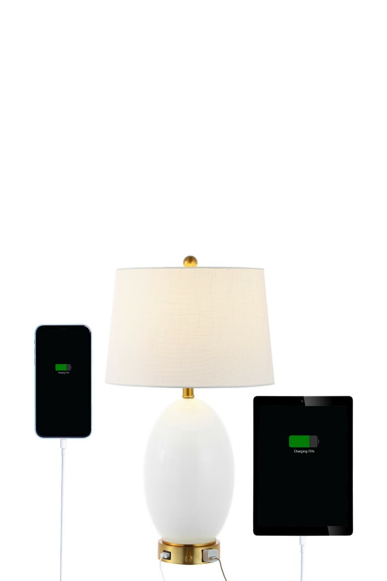 Reese 26.5" 1-Outlet Contemporary Style Iron/Glass LED Table Lamp with USB Charging Port, Main, color, White/Brass Gold