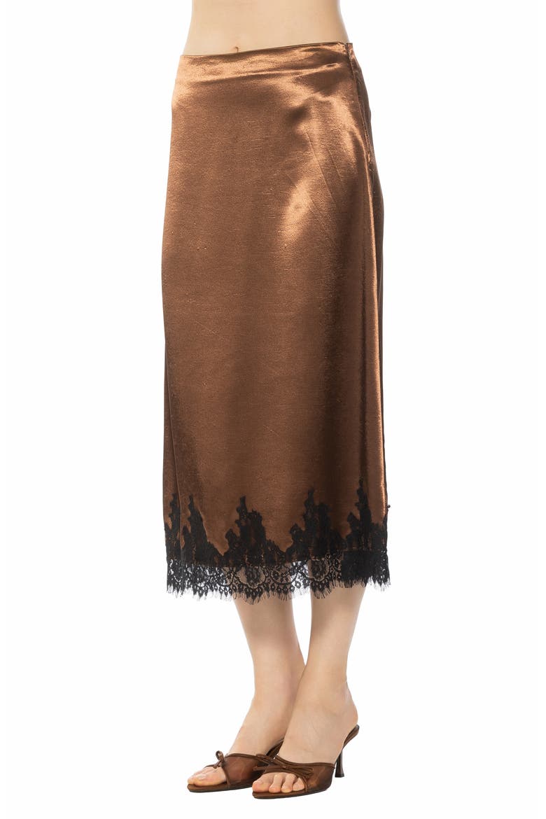 Serena Lace Trim Satin Midi Skirt, Alternate, color, BROWN