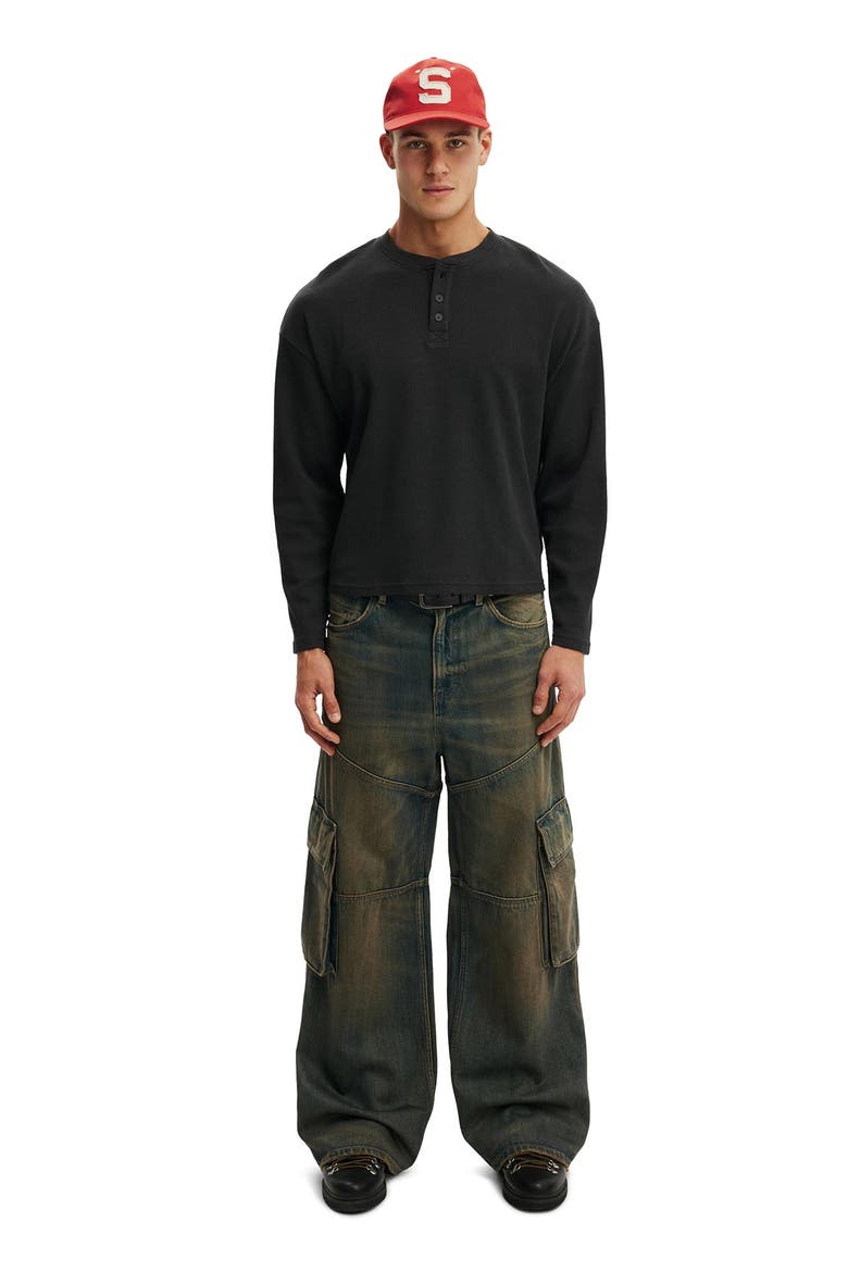 Men's Relaxed Fit Textured Henley Long Sleeve, Alternate, color, Washed Black Waffle