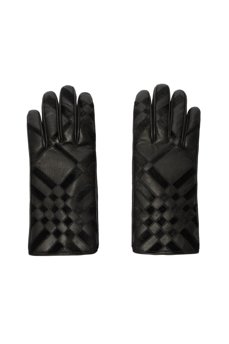 Check Intarsia Leather Gloves, Main, color, Black