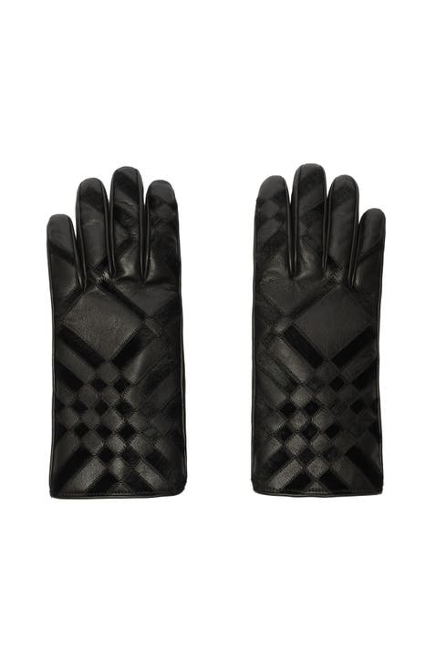 Check Intarsia Leather Gloves