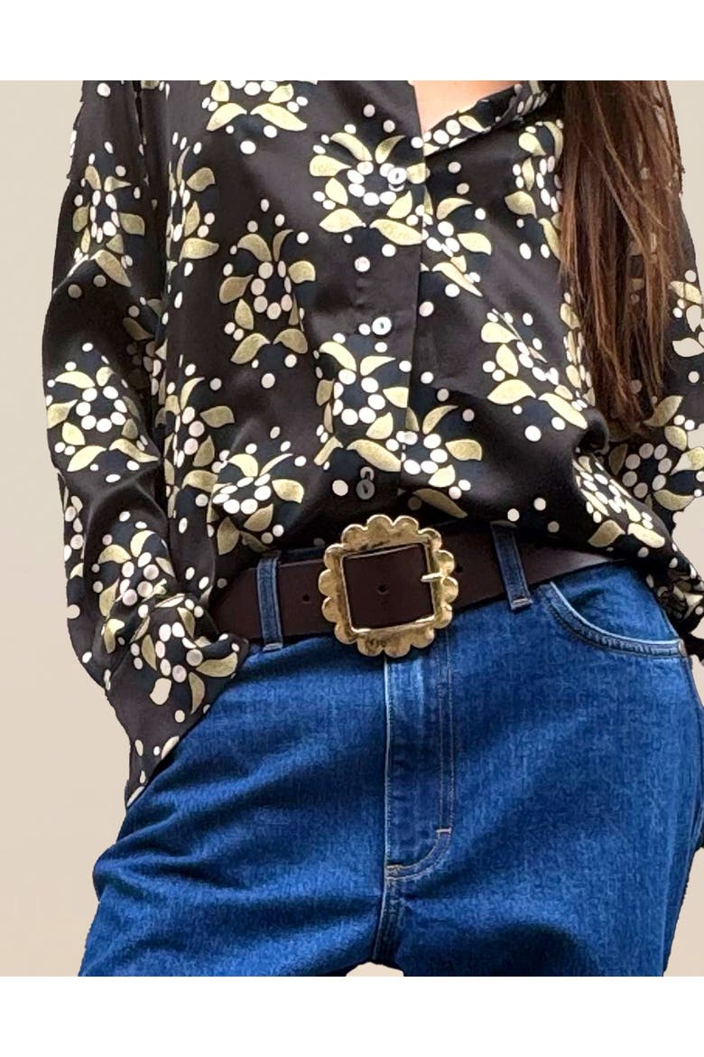 Brown Leather Belt with Gold Scalloped Buckles, Alternate, color, Brown
