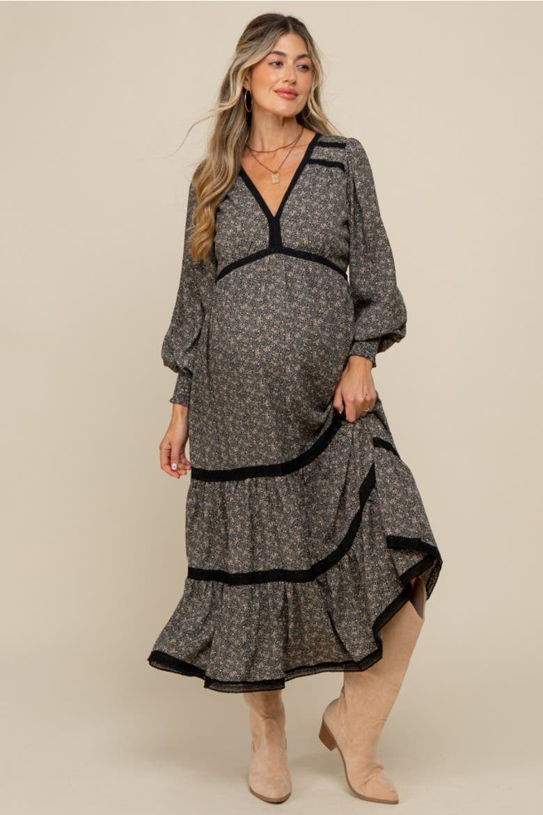Floral Lace Trim Bubble Sleeve Maxi Dress, Alternate, color, Black