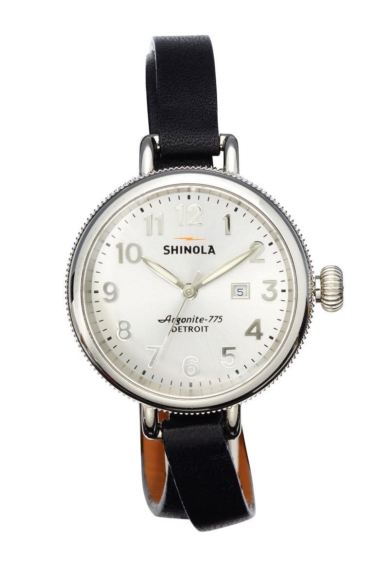 'The Birdy' Double Wrap Leather Strap Watch, 34mm, Alternate, color, SILVER