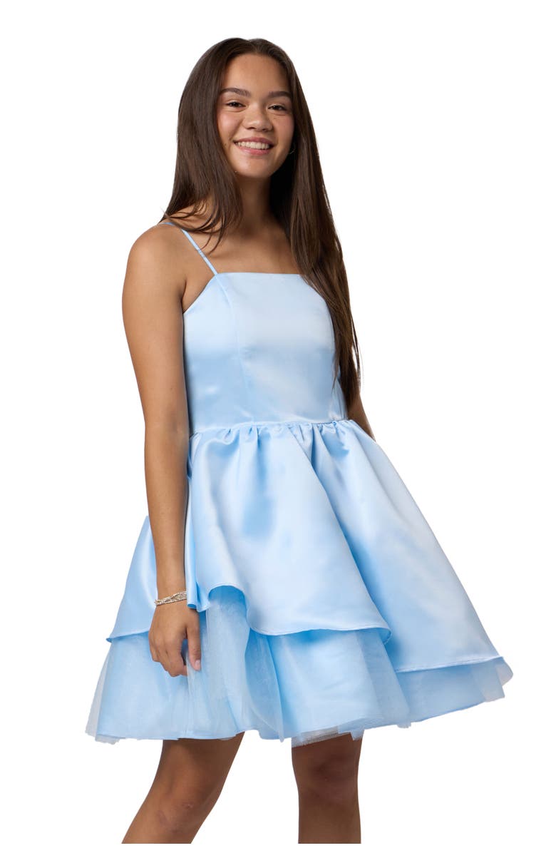 Un Deux Trois Satin Peek-a-boo Party Dress, Main, color, Light Blue