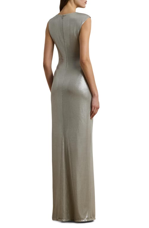 Ralph Lauren Lauren  Buckle Detail Metallic Sheath Gown In Silver