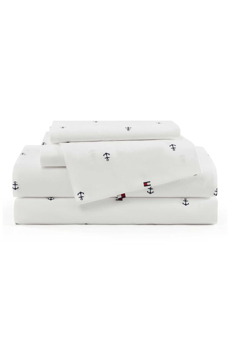 Anchor & Flag Cotton Percale Sheet Set, Main, color, WHITE/ DARK BLUE