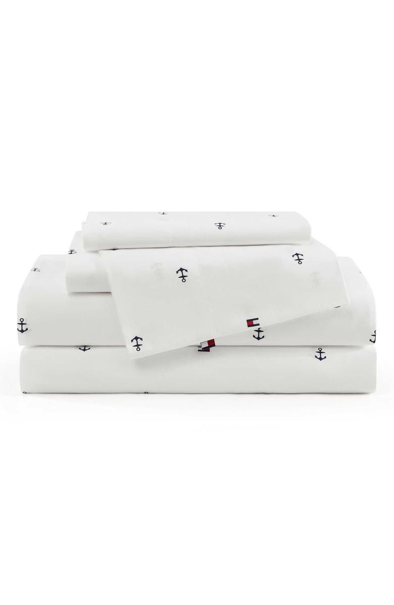 Tommy Hilfiger Anchor & Flag Cotton Percale Sheet Set, Main, color, White/ Dark Blue