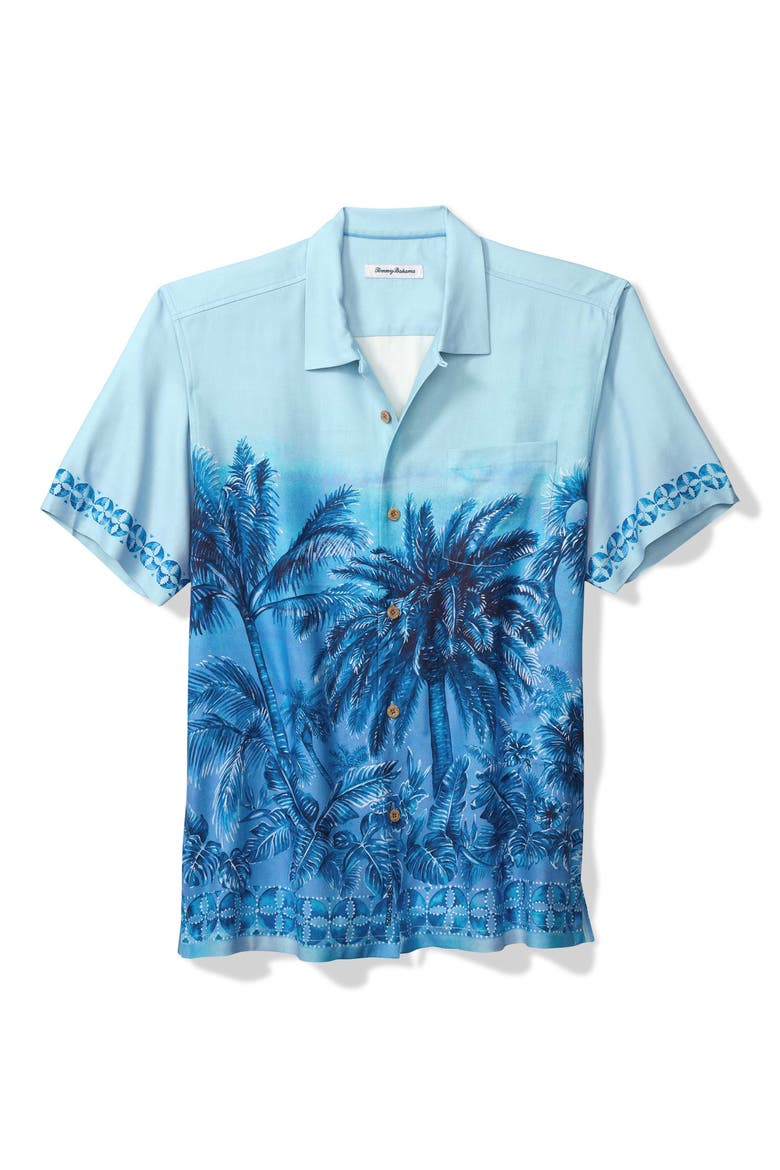 Hibiscus Hues Short Sleeve Silk Button-Up Shirt, Main, color, VACATION BLUE
