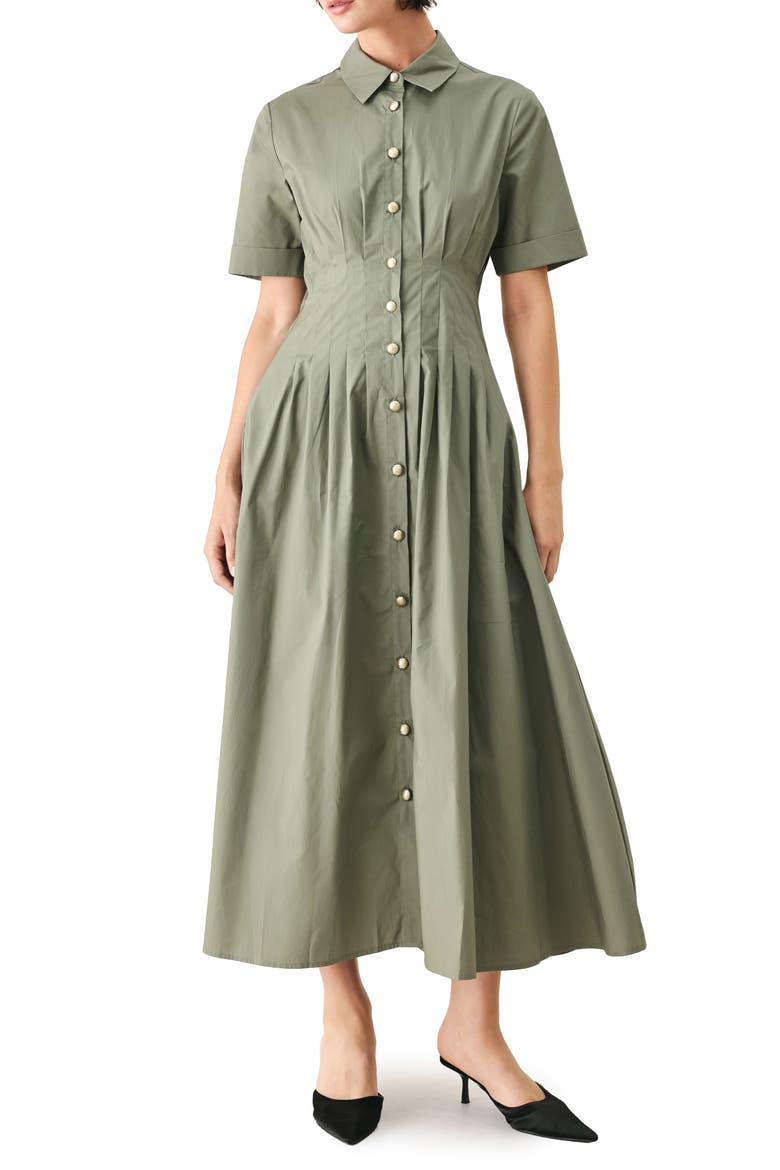Pleated Cotton Shirtdress, Main, color, OLIVE