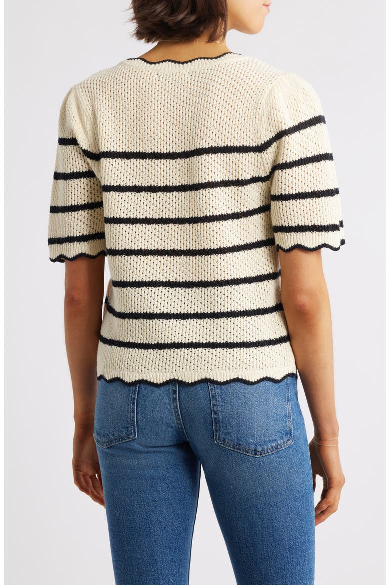 Stripe Scallop Edge Short Sleeve Sweater, Alternate, color, IVORY/ BLACK