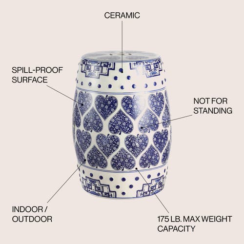 Jonathan Y Happy Hearts 17.8" Chinoiserie Ceramic Drum Garden Stool In Blue/white
