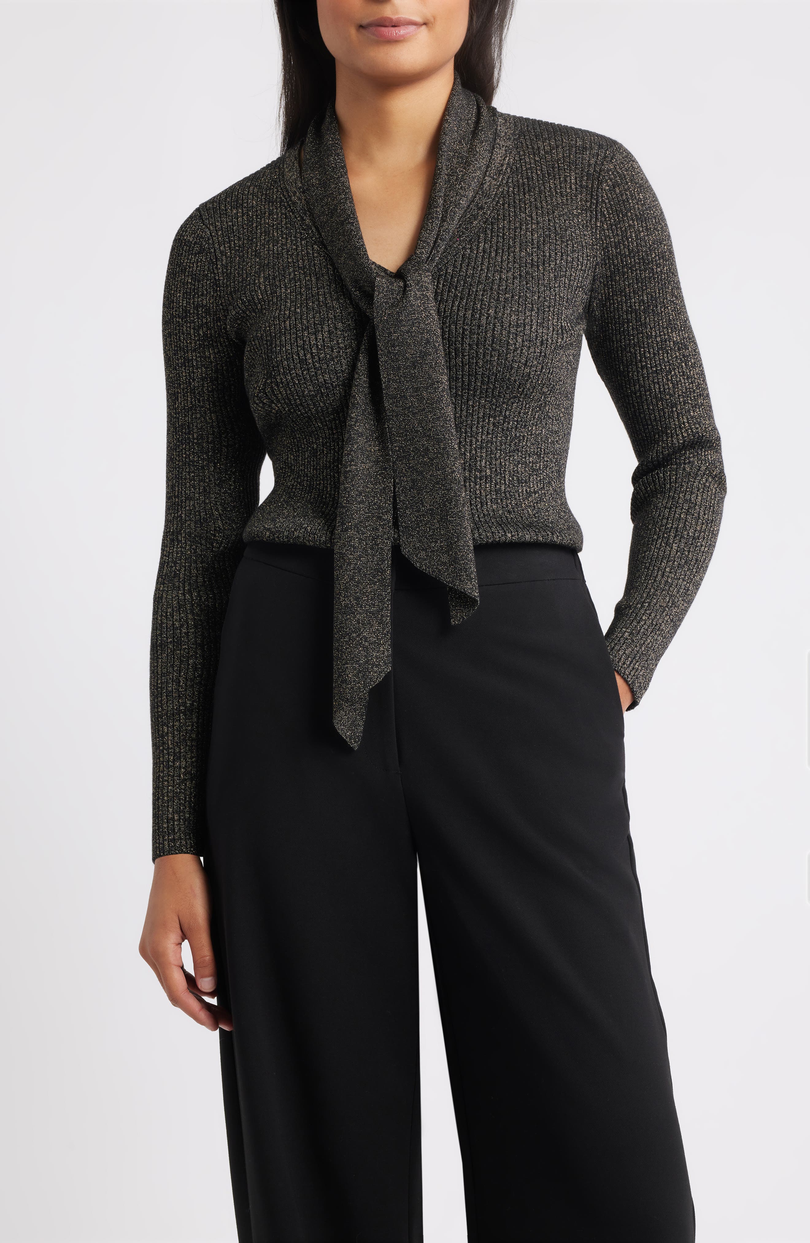 Tie Neck Rib Sweater