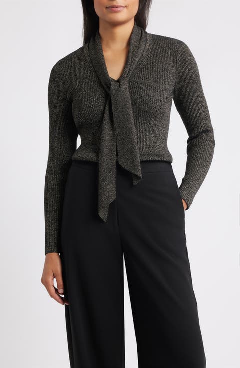 Tie Neck Rib Sweater